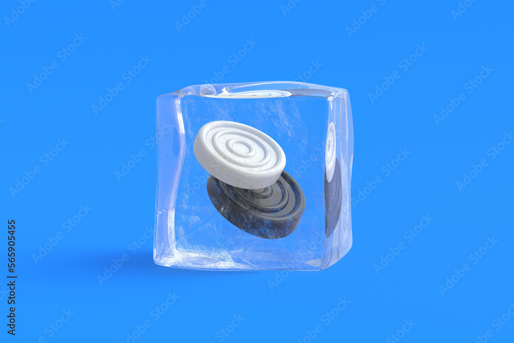 Black and white checkers in ice cube. 3d illustration Black and white checkers in ice cube. 3d illustration