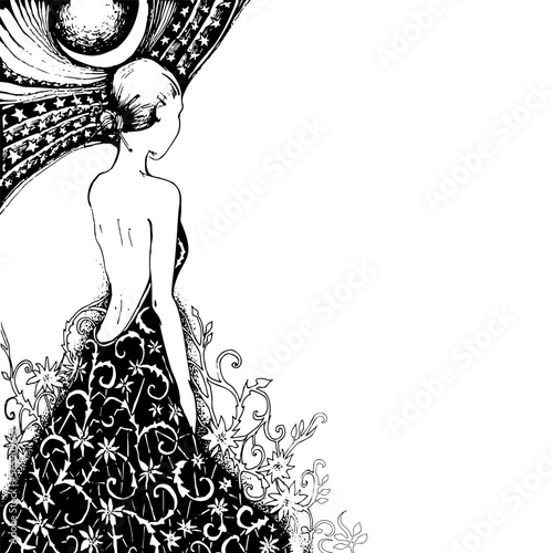 Beautiful woman fashion model with evening dress. Hand drawn stylish luxury girl silhouette with moon, sun and star in sky. Vector illustration