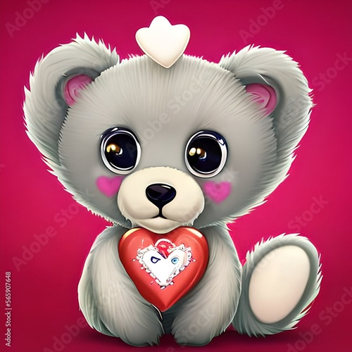 Valenine Day Teddy Bear with heart-shaped pillow. Generative AI photo