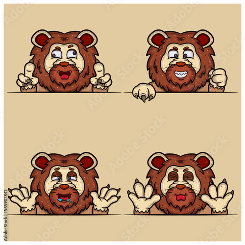 Set Of Expression Lion Face Cartoon. Crazy, Evil, Hungry and Taunt Face Expression. With Simple Gradient.