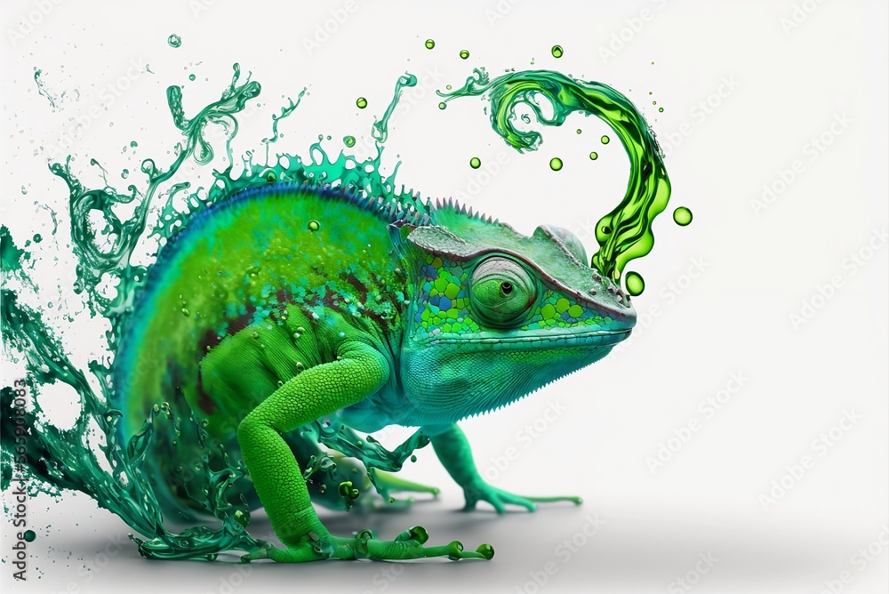 Fototapeta premium Green colored chameleon. Liquid colorful chameleon. 
