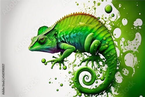 Green colored chameleon. Liquid colorful chameleon. 