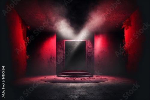Dark stage, dark blue background, empty dark stage, neon lights and spotlights. A concrete floor and a smoke-filled studio room raise the texture of the interior for product demos photo