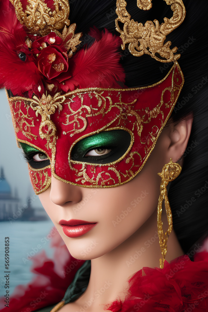 Woman wearing a red Venetian Carnival Mask. Generative Artificial Intelligence.