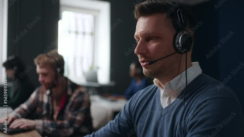 portrait of adult man working in call-center, technical support specialist consulting customers portrait of adult man working in call-center, technical support specialist consulting customers