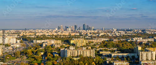 Warsaw city center from subirbs district, aerial landscape