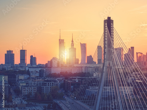 Warsaw city center at sunset, aerial landscape