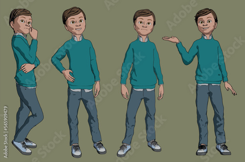 cartoon spokesperson young man standing 4 poses showing thinking free style full length illustration