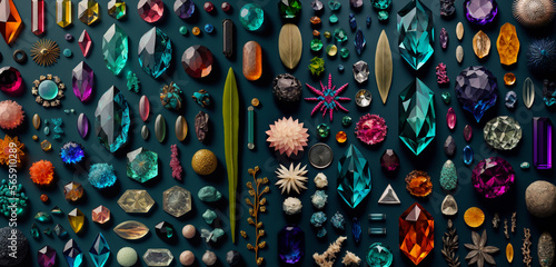 A collection of crystals and gemstones, lay flat design. Generative ai