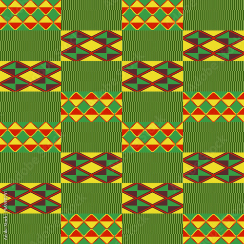 Kente cloth. African textile. Ethnic seamless pattern. Tribal geometric print. 