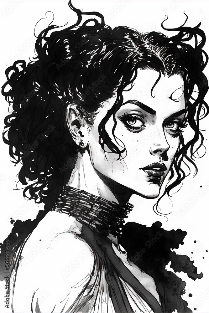 Fototapeta premium Beautiful gothic curly woman black and white illustration. Ai generated