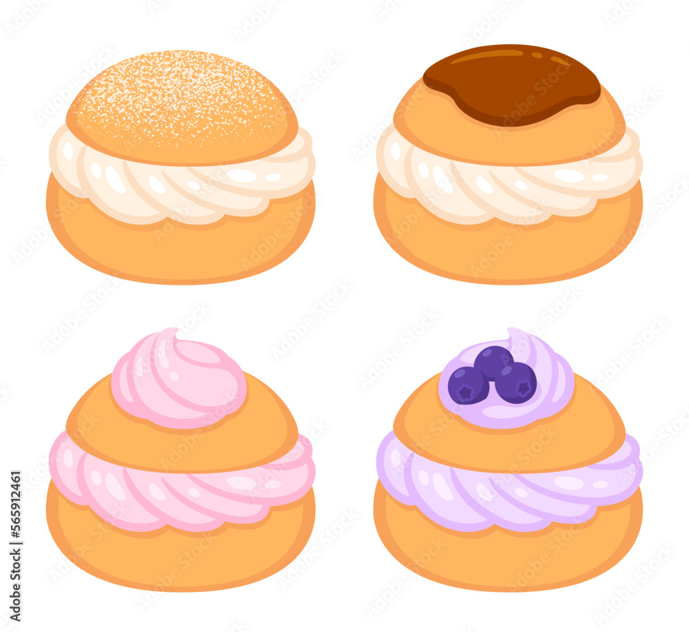 Choux pastry with whipped cream filling, sweet buns set. Choux pastry with whipped cream filling, sweet buns set.