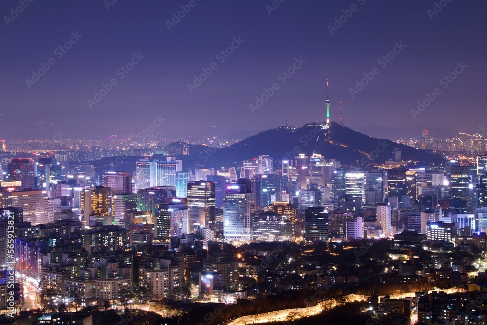 Night view of downtown Seoul skyline, from the top of a hill, South Korea