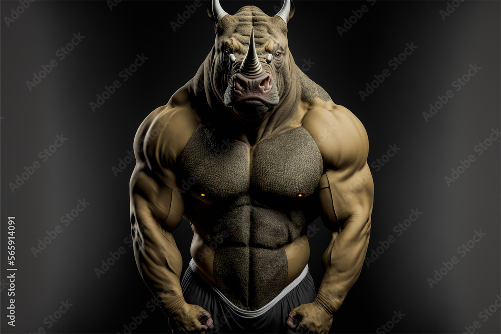 Fototapeta premium Portrait of a muscular rhino.isolated background.Created with generative ai