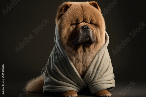 Portrait of a chow chow dog dressed in a bathrobe.isolated background.Created with generative ai