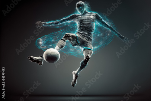 A futuristic young male soccer player hologram playing with a soccer ball. Generative ai