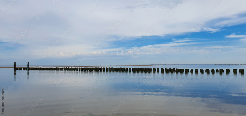 Wooden groynes in calm water with reflection on the dutch coast