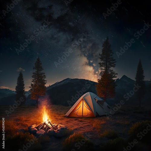 Tent and fire on a lovely night in the wild. AI generated illustration 