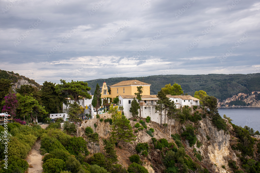 Corfu, Greece. Courtyard of the Theotokos Monastery also known as Paleokastritsa Monastery.