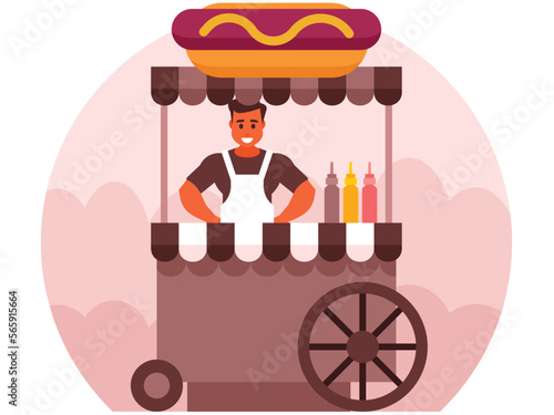 Hot dog stand and urban street food cart with junk meal. Kiosk on wheels as fast eating service. Wiener with ketchup and mustard seller business. Street food vending cart with hot dogs. Vector