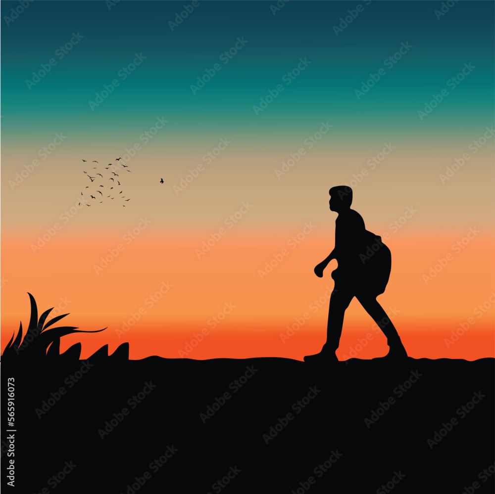 Lonely man walking towards sunset, sunset walk on nature