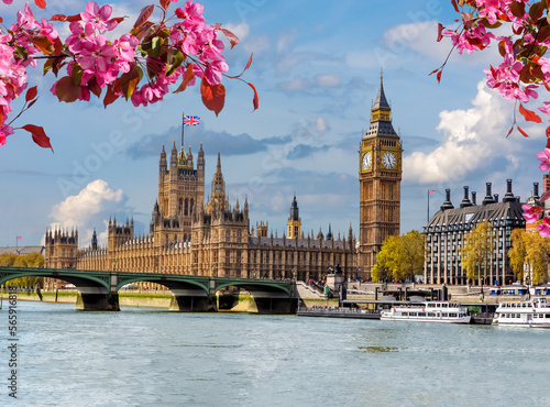 Houses of Parliament (Westminster palace) and Big Ben tower in spring, London, UK
