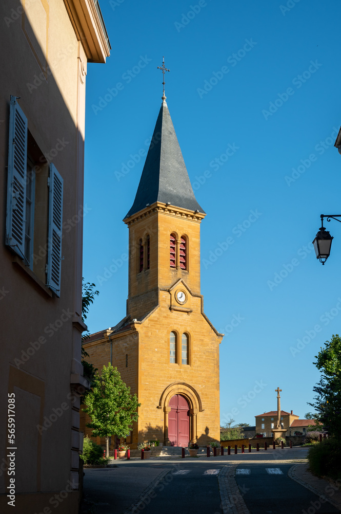 Obraz premium Wine making region Beaujolais Pierre dorees wioth yellow houses and hilly vineyards, sunny day in France