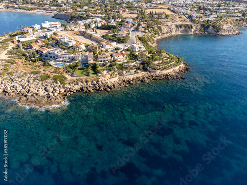 Aerial view on clear blue water of Coral bay in Peyia, Mediterranean sea near Paphos, Cyprus, Coral beach