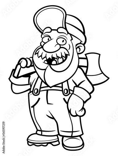 Cartoon illustration of Lumberjack wearing cap, flannel shirt, and jumper jeans. carrying a Big Ax with his shoulder. Best for outline, logo, and coloring book with illegal loggings theme