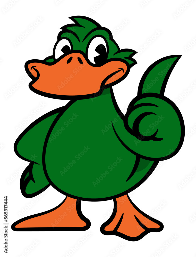 Obraz premium Cartoon illustration of Funny green duck with thumbs up gesture. Best for sticker, logo, and mascot with livestock products themes