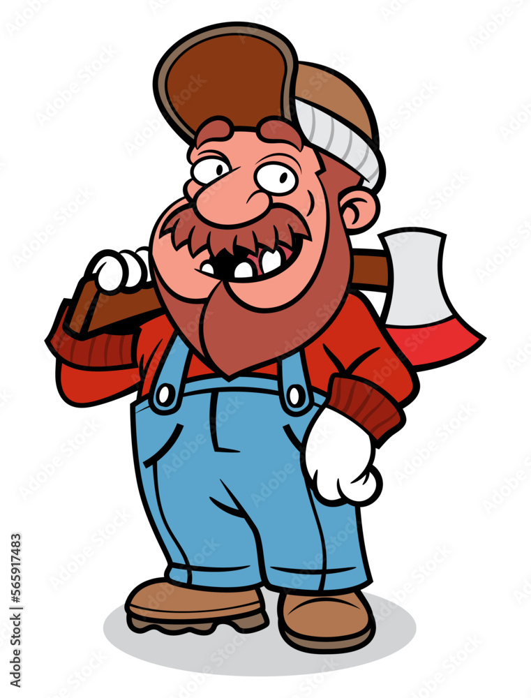 Cartoon illustration of Lumberjack wearing cap, flannel shirt, and jumper jeans. carrying a Big Ax with his shoulder. Best for sticker, logo, and mascot with illegal loggings theme Cartoon illustration of Lumberjack wearing cap, flannel shirt, and jumper jeans. carrying a Big Ax with his shoulder. Best for sticker, logo, and mascot with illegal loggings theme