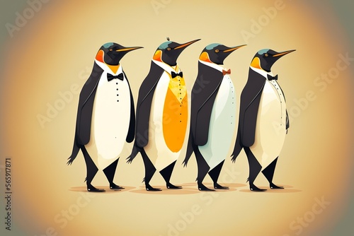 Group of penguins dressed in tuxedos. Flat drawing style. Generative AI
