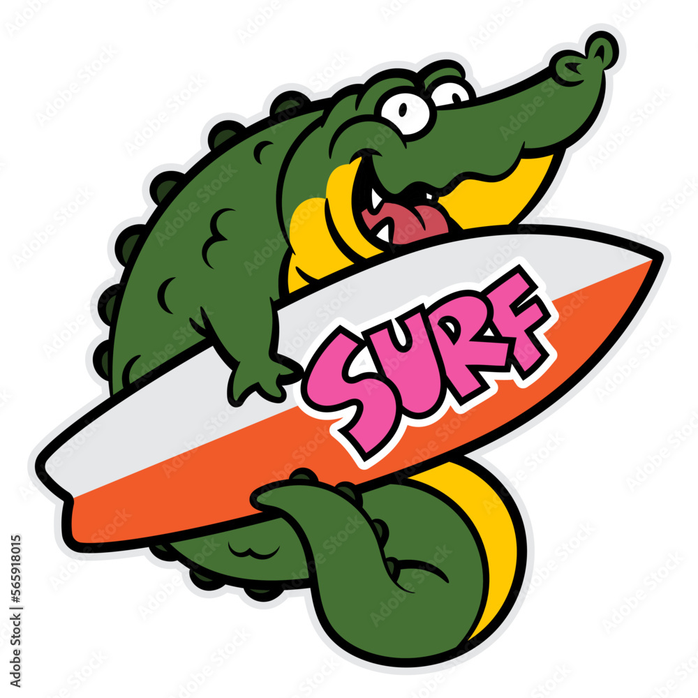 Obraz premium Cartoon illustration of Funny Alligator posing with surfboard. Best for sticker, logo, and mascot with summer vacation themes