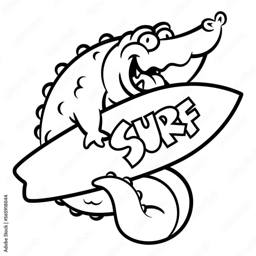 Cartoon illustration of Funny Alligator posing with surfboard. Best for outline, logo, and coloring book with summer vacation themes Cartoon illustration of Funny Alligator posing with surfboard. Best for outline, logo, and coloring book with summer vacation themes