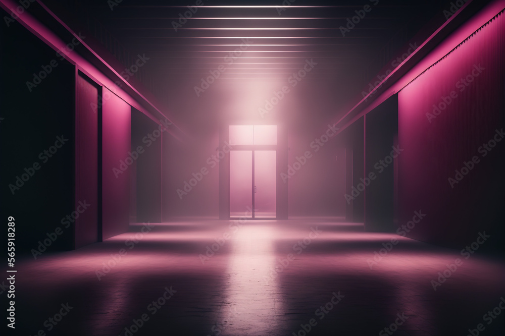 Dark empty large room, dim light, pink tint, mist, background Dark empty large room, dim light, pink tint, mist, background