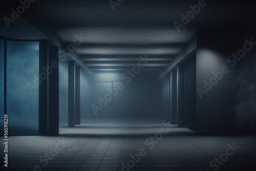 Dark empty large room  dim light  blue tint  mist  background