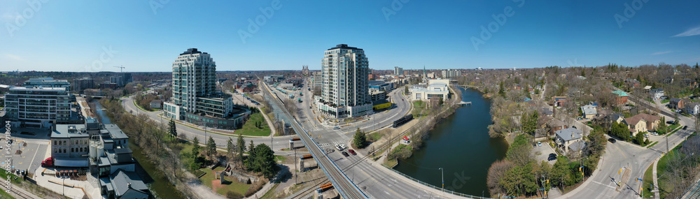 Aerial panorama of Guelph, Ontario, Canada in late autumn