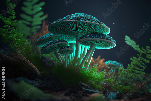 Green fantasy mushroom in the dark. AI Generative