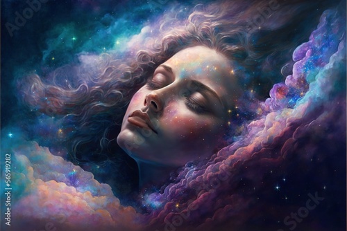 Lucid dreaming astral projection close up woman meditation illustration generative ai