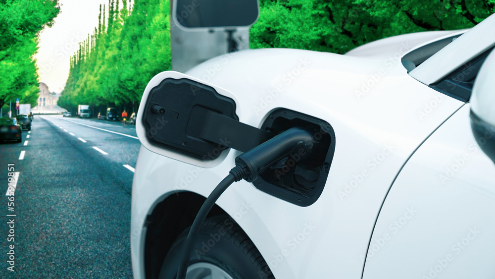 Progressive green city ESG green trees background with electric vehicle ...
