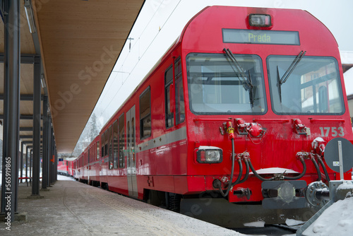 Red swiss train of the albula express railway in winter