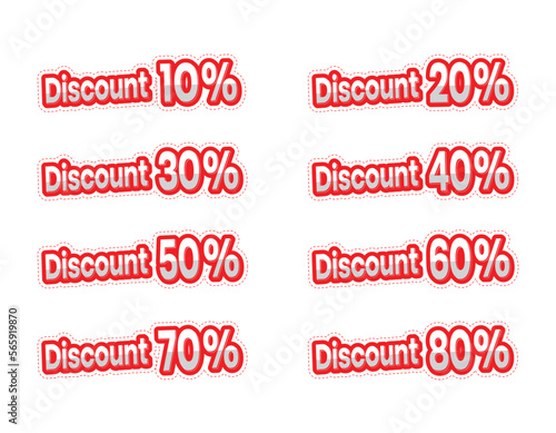 Text effect Discount price tag icon. 10, 20, 30, 40, 50, 60, 70, 80 percent of sales. 3D designs are editable. Sale and discount labels. Vector illustration.