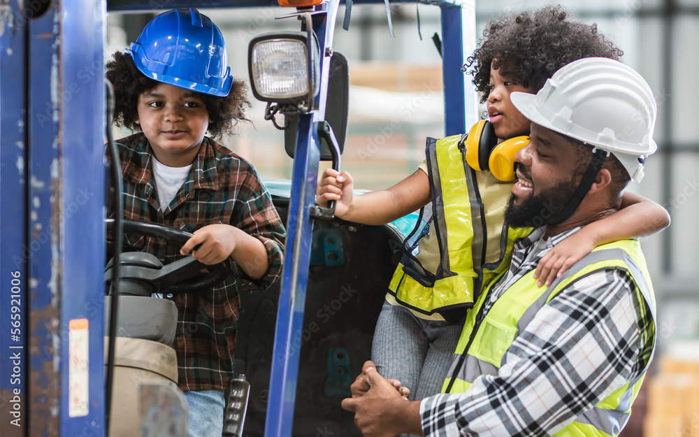 custom made wallpaper toronto digitalFather wearing safety hard hat, teaching children to drive tractor in factory to support his work as worker, playing, smiling, laughing with happiness, love. Industry, Education Concept.