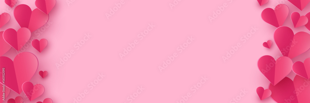 Paper cut hearts on pink background. Design for Valentine’s Day, Mother’s Day and Women’s Day. Banner. Vector illustration