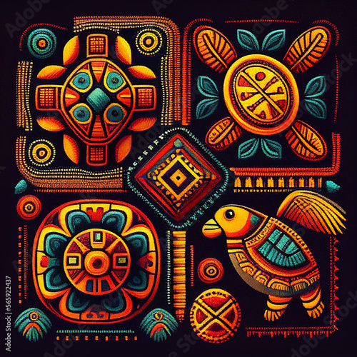 Creative design with traditional Guna people  or mexican textile  motifs, Hispanic heritage month, AI generated photo