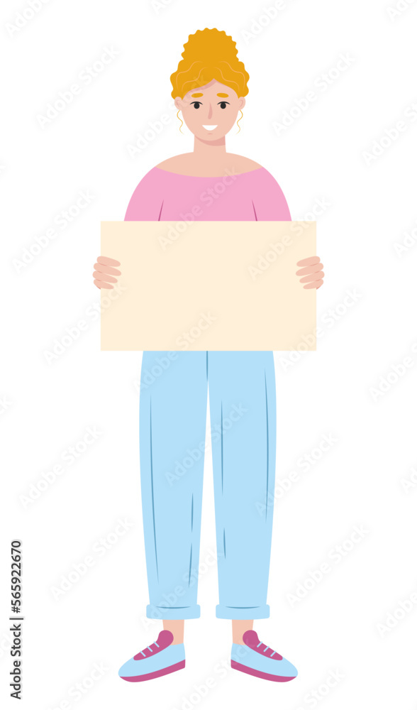 Young woman holding empty poster. Template for awareness or peaceful demonstration themes. Vector illustration in flat style isolated on white background. Young woman holding empty poster. Template for awareness or peaceful demonstration themes. Vector illustration in flat style isolated on white background.