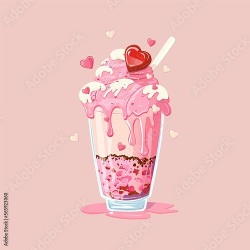 Vector cartoon illustration of Milkshake. Strawberry shake with cocktail straw decorated leaf of mint and berry. Isolated object on white background