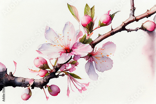 Fototapeta Naklejka Na Ścianę i Meble -  Watercolor painting of cherry blossom flower, Generative AI	