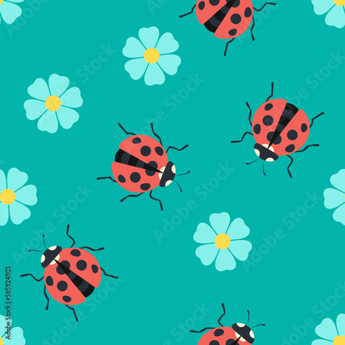 Ladybugs and flowers on blue background. Vector seamless spring pattern. Cartoon flower illustration.