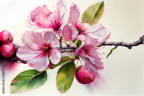 Fototapeta Naklejka Na Ścianę i Meble -  Watercolor painting of cherry blossom flower, Generative AI